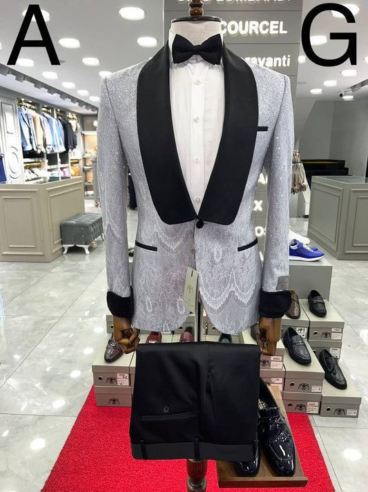 costume de mariage de marque angelo gallazo tuxedo en satin de couleur grise certie de paillette pour homme