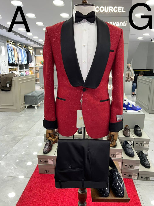 costume de mariage de marque angelo gallazo tuxedo en satin de couleur rouge certie de paillette pour homme