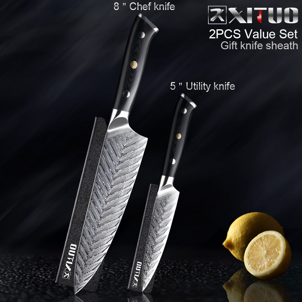 XITUO Damascus Chef Knife VG10 Professional Kitchen Knife Cleaver Cooking Tool Exquisite Plum Rivet G10 Handle 1-5PCS Set Gift