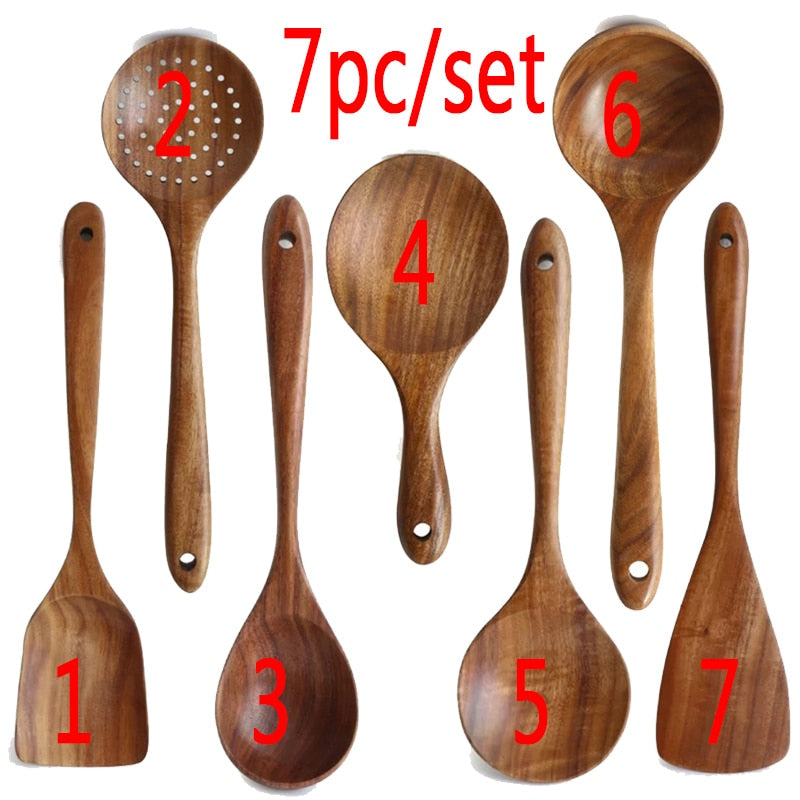 7pcs/set Teak Natural Wood Tableware Spoon Ladle Turner Rice Colander Soup Skimmer Cooking Spoon Scoop Kitchen Reusable Tool Kit
