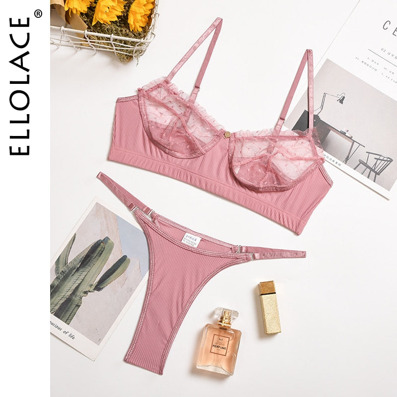 Ellolace Ruffle Lace Lingerie Sexy Women&#39;s Underwear Transparent Short Skin Care Kits Sexy Lace Bra Brief Sets Erotic Intimate