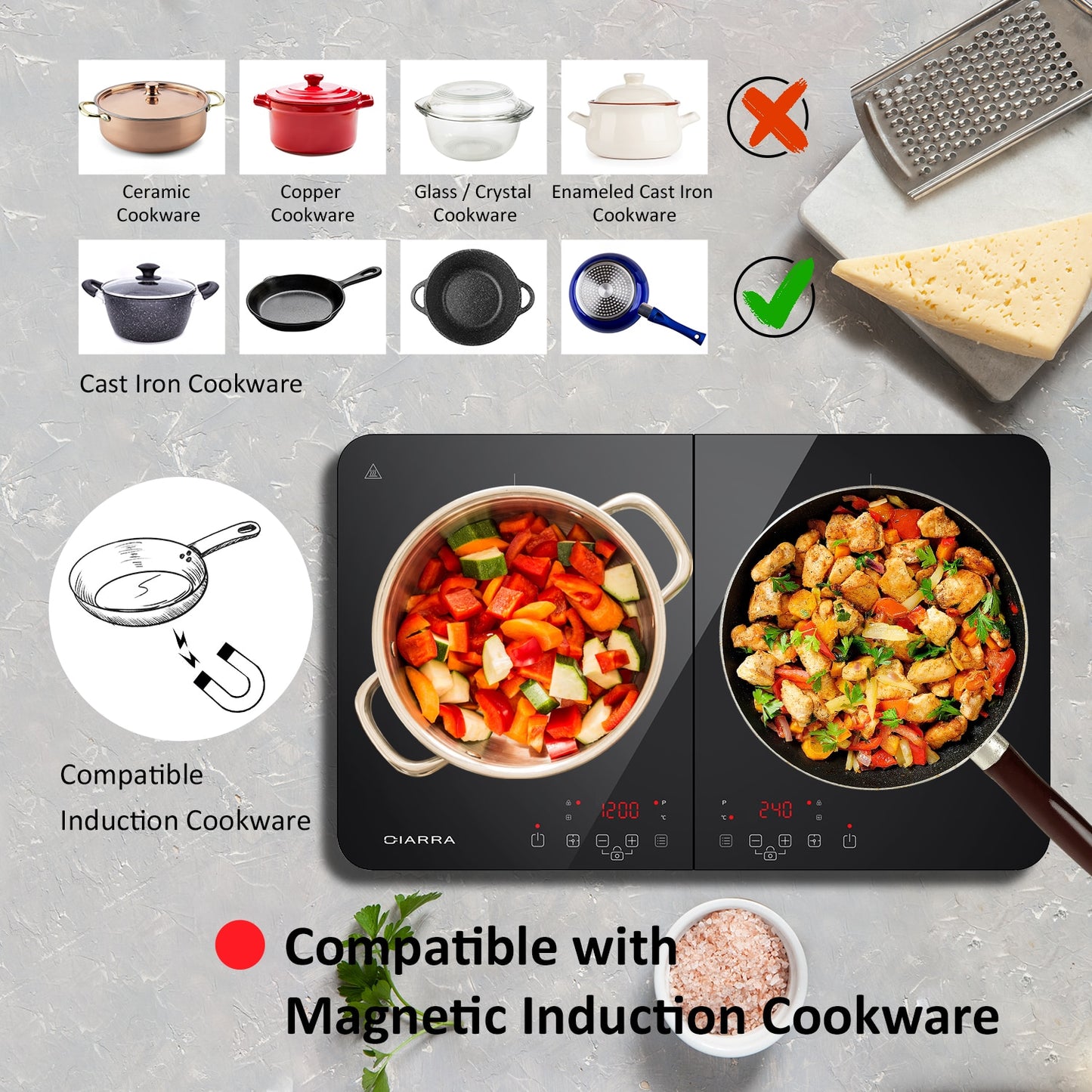 CIARRA CBTIH2 Induction Hob 3500W, Double Induction Cooker with Sensor Touch Control 10 Temperature Levels Multiple Power Level