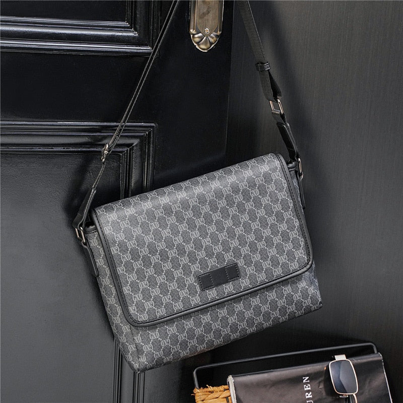 New Luxury Brand Design Men&#39;s Single Shoulder Square Bag Plaid Leather Business Messenger Bags Male Purse and Handbag sac homme