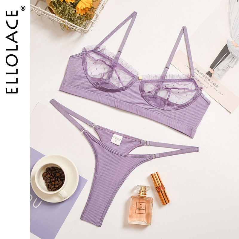 Ellolace Ruffle Lace Lingerie Sexy Women&#39;s Underwear Transparent Short Skin Care Kits Sexy Lace Bra Brief Sets Erotic Intimate