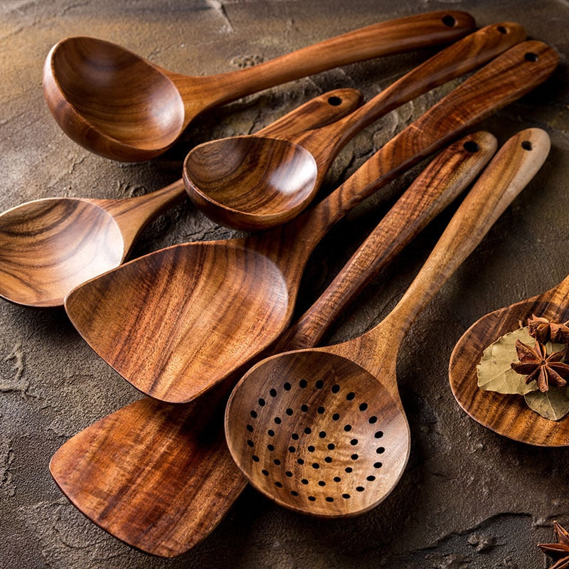 7pcs/set Teak Natural Wood Tableware Spoon Ladle Turner Rice Colander Soup Skimmer Cooking Spoon Scoop Kitchen Reusable Tool Kit