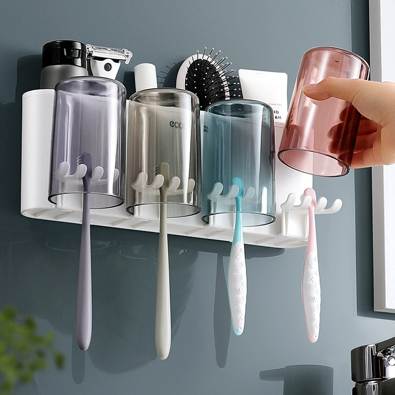 Wall-Mounted Toothbrush Storage Holder Automatic Toothpaste Squeezer Dispenser Multi-Function Bathroom Accessories Organizer Set