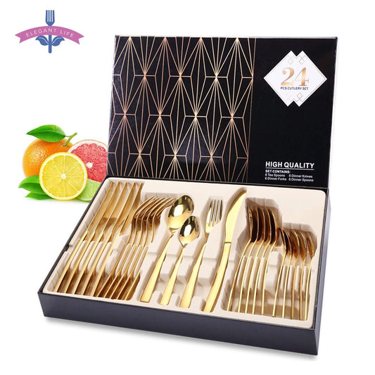 24PCS Cutlery Set Dinner Set Tableware 18/10 Stainless Steel Gold Silver Rainbow Black Dropshiping US PL ES BE RU IL Shipping