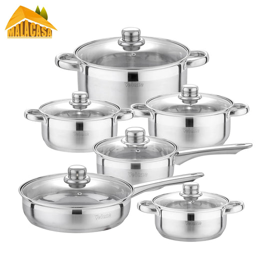 Velaze Cookware Set 12-Piece Kitchen Stainless Steel Cooking Pot &amp; Pan Sets,Induction Safe,Saucepan,Casserole,pan with Glass lid