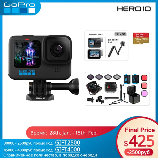 GoPro HERO 10 Black Action Camera 5.3K Screen Sports Camera 23MP GP2 Waterproof Mini Video Cameras go pro 10 In Stocks Original