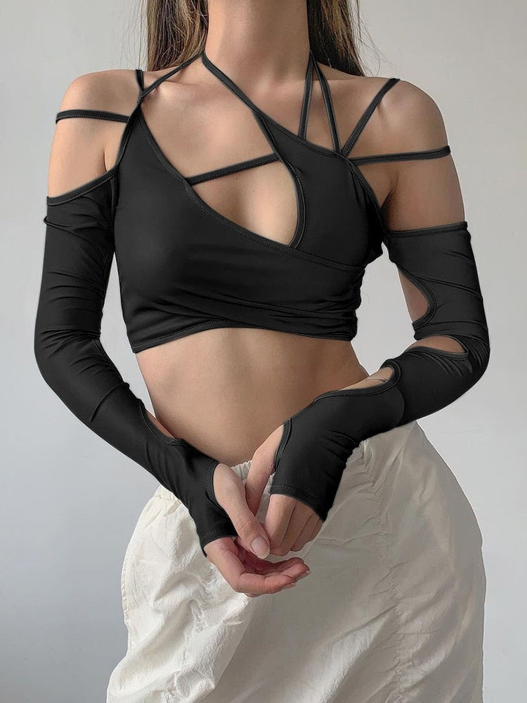 Goth Dark Cyber Y2k Techwear Punk Women Halter Tops Gothic egirl Patchwork Long Sleeve Crop Top Sexy Cut Out Casual T-shirts